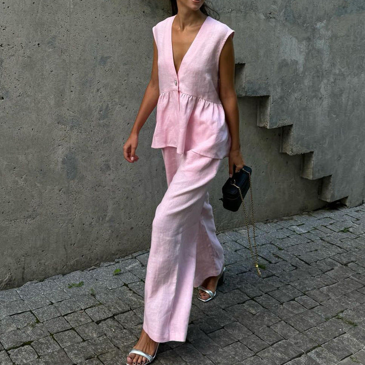 Valverie™ | Pastel Pembe Keten Takım