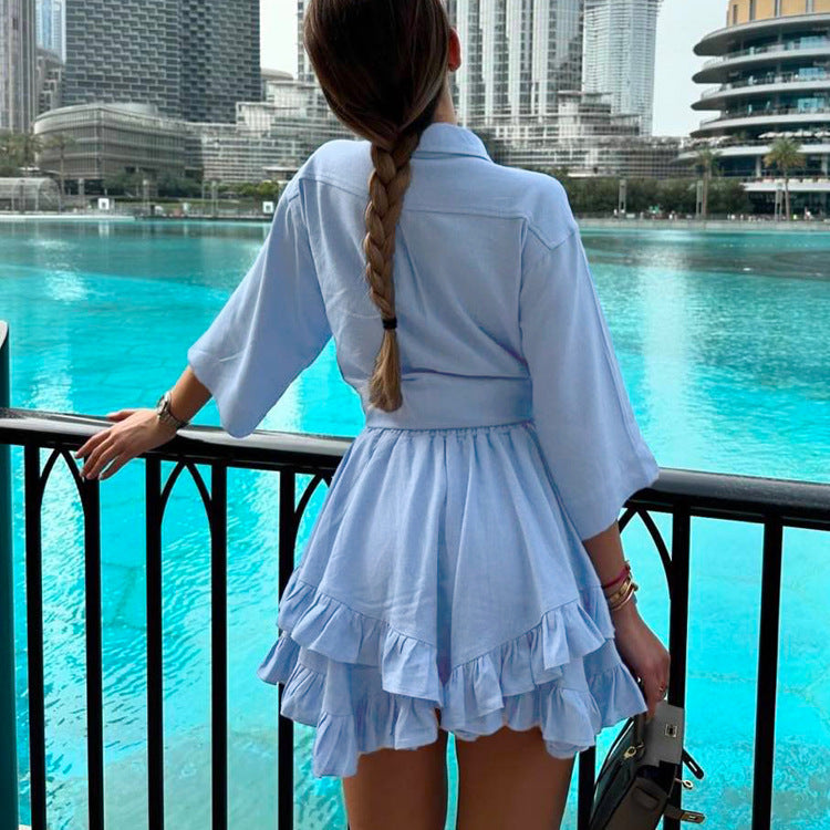 Valverie™ | Bella Fırfırlı Gömlek Elbise Takımı