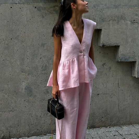 Valverie™ | Pastel Pembe Keten Takım