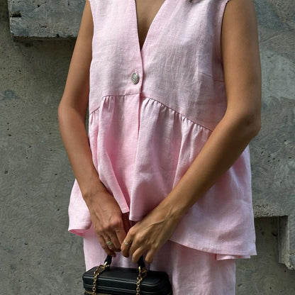 Valverie™ | Pastel Pembe Keten Takım